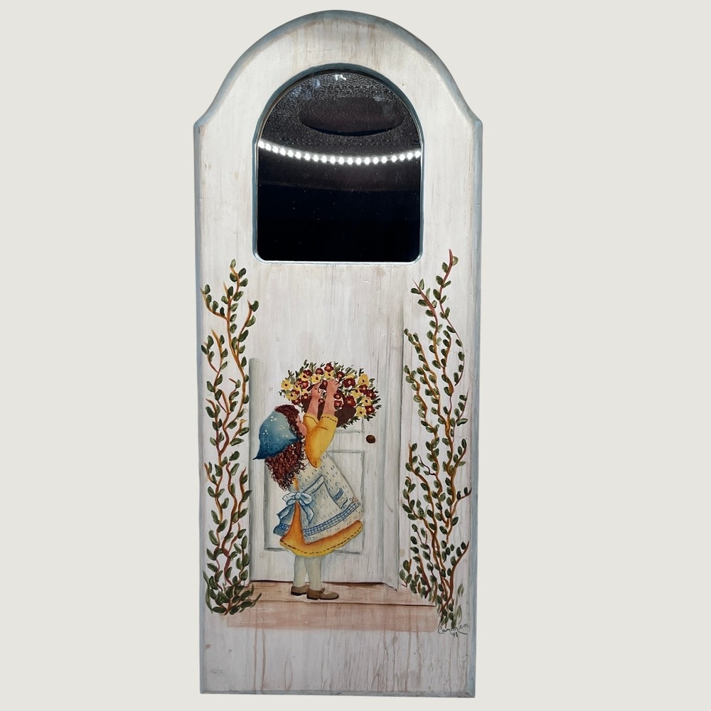 Vintage Hand Painted Wood Wall MirrorFolk Art Girl Flower Basket Ivy